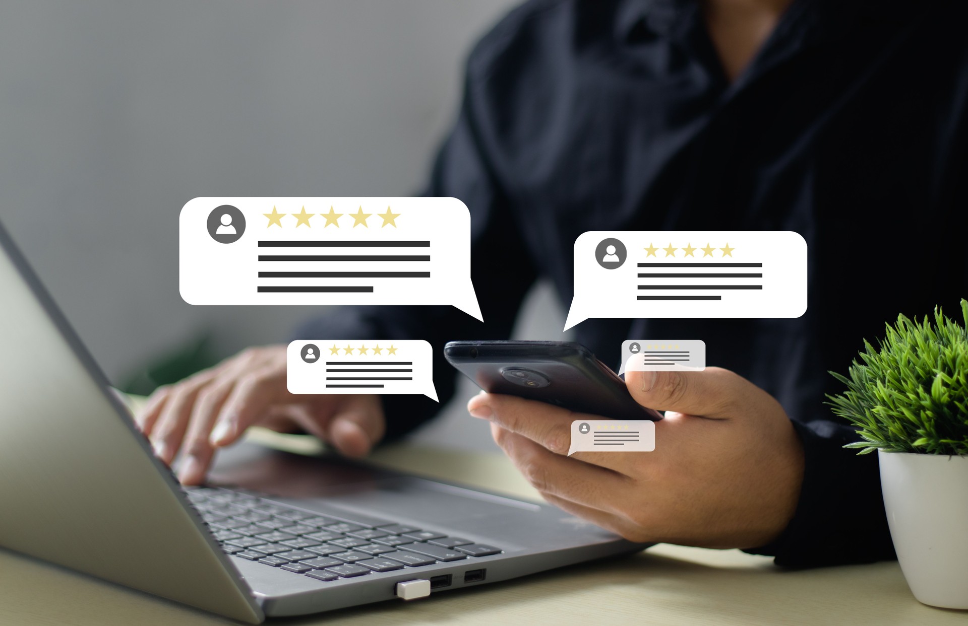 Satisfaction Survey Concept Businessman rates five-star customer service with a virtual screen on a laptop. Reviews Customer Quality Assessment.
