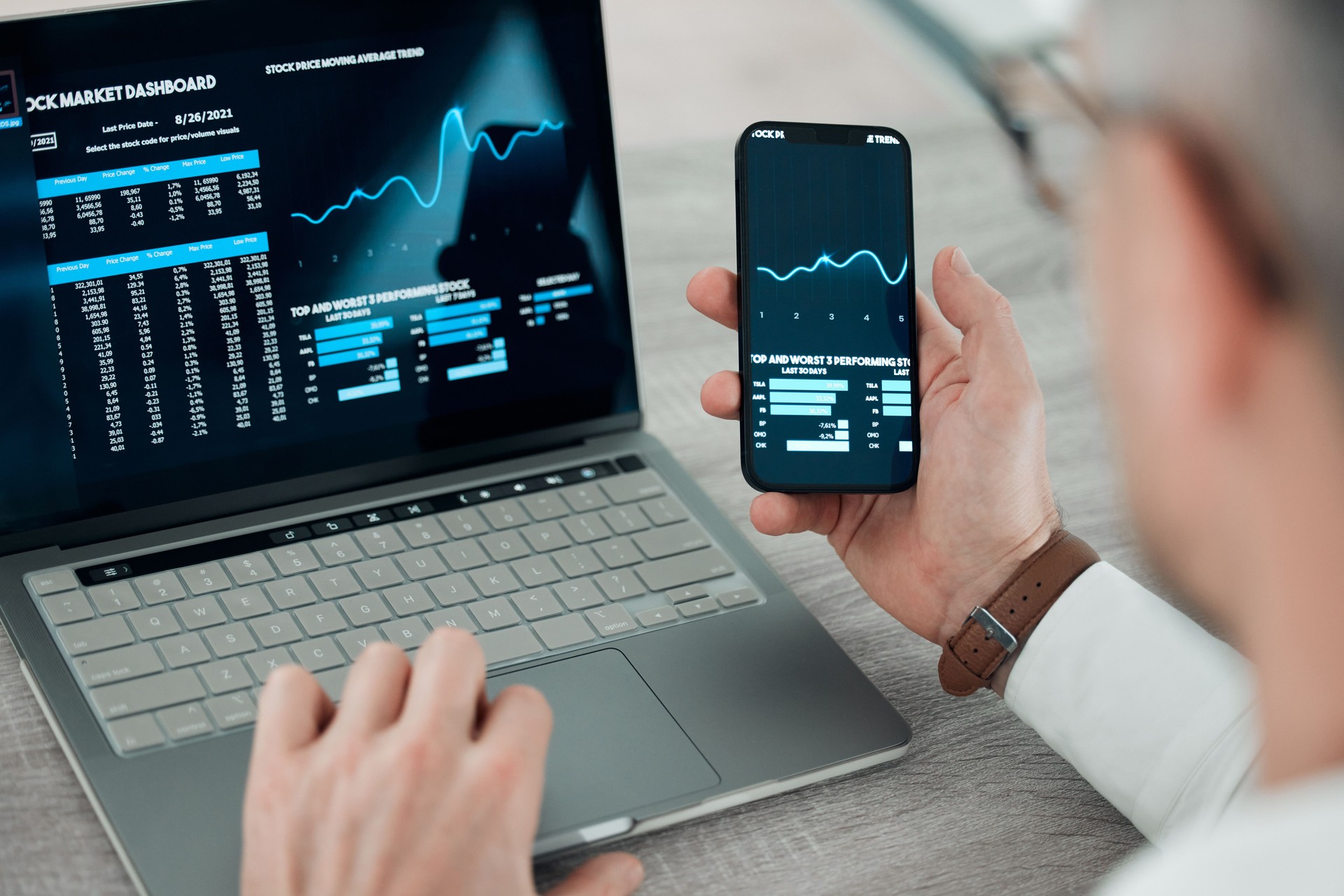 Laptop, smartphone and screen for stock market, businessman and finance or shares, broker and tech. Investment, trading and internet for update, check and mobile app for cryptocurrency growth