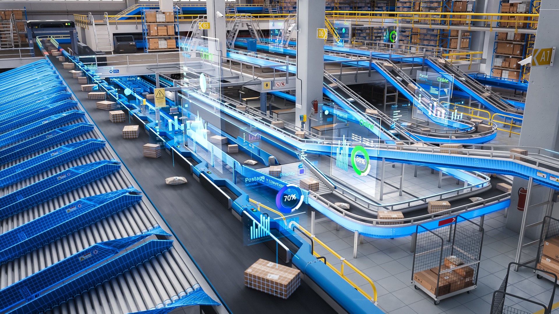 Augmented Reality VFX Visualization in a High Tech Logistics Center with Working Automated Conveyor Belt with Retail Parcels, Delivery Boxes and Online Shopping Orders Being Prepared for Shipping