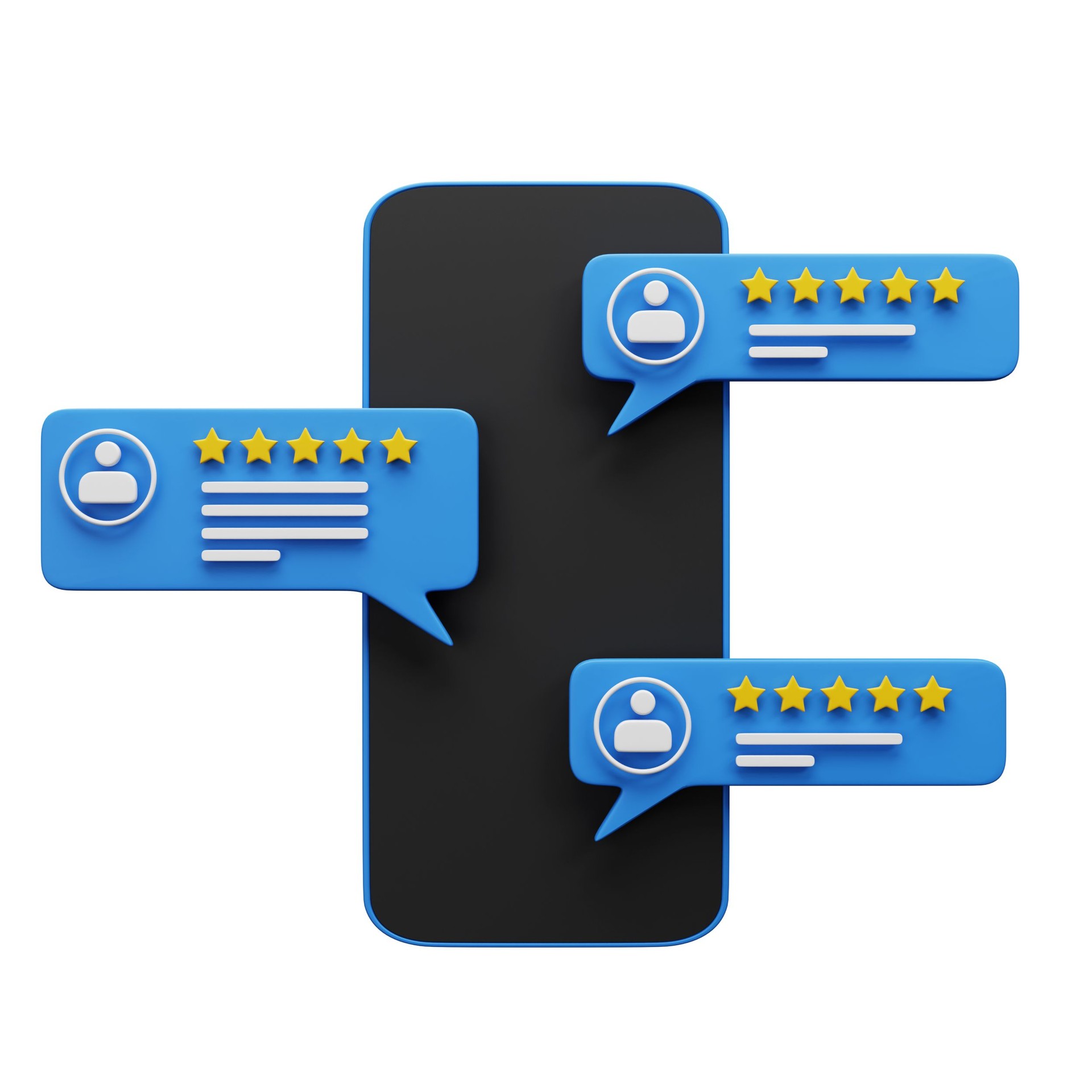 Customer review on smartphone 3d render isolated on white background.